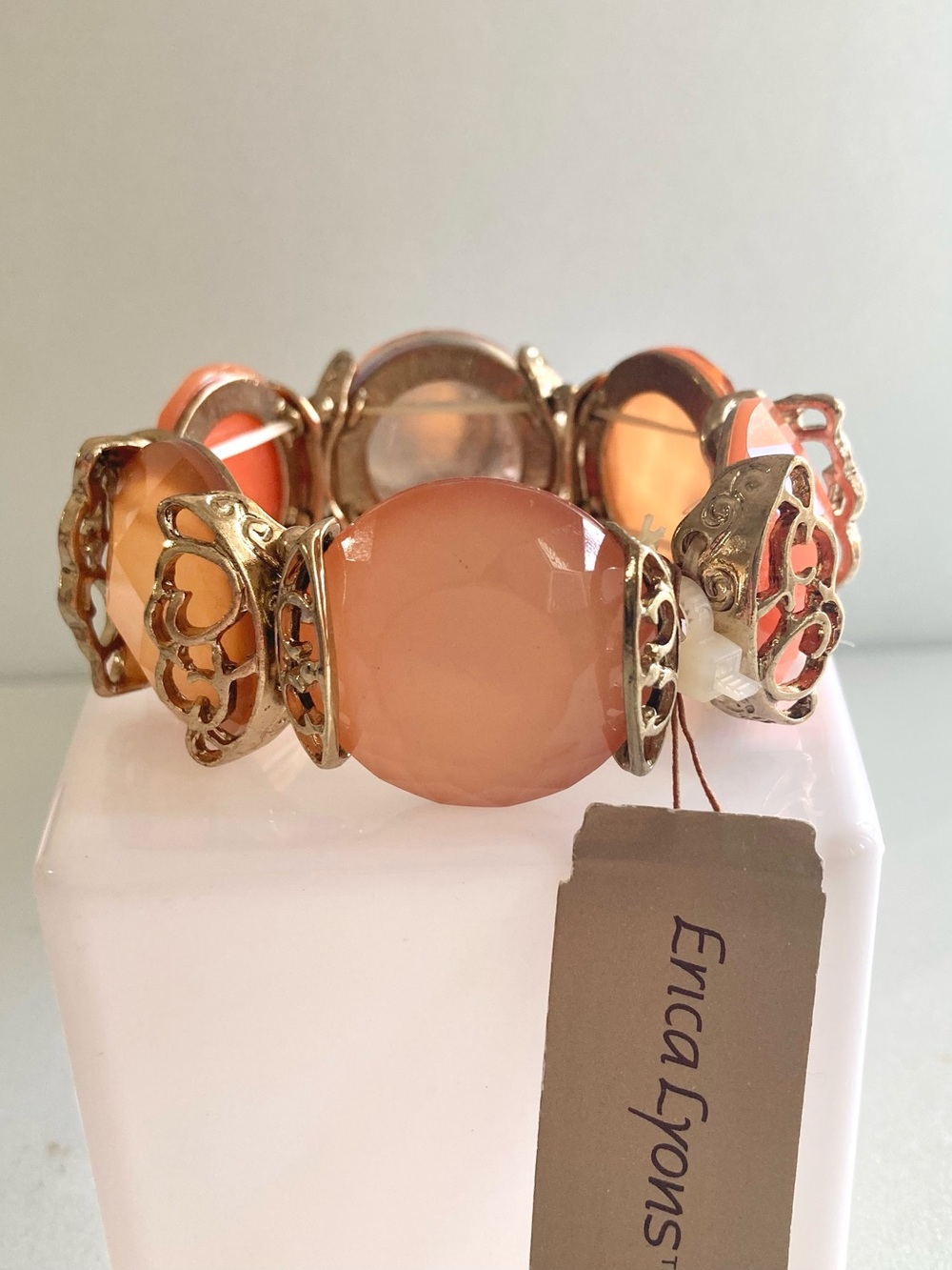 Erica Lyons Gold-Tone Peach & Bright Orange Faceted Stretch Bracelet